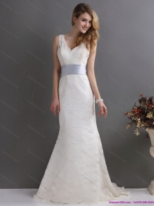 2015 Classical V Neck Lace and Sash Wedding Dress