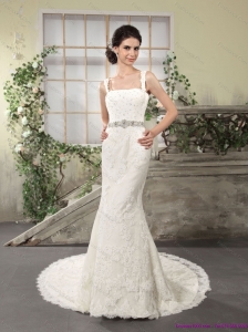 2015 Flirting Lace Straps Wedding Dresses with Court Train