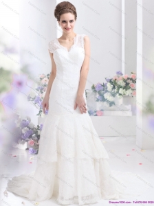 2015 Gorgeous Lace White Wedding Dresses with Brush Train