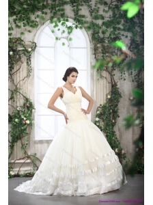 2015 New and Beautiful White Straps Ruffled Bridal Dresses with Brush Train