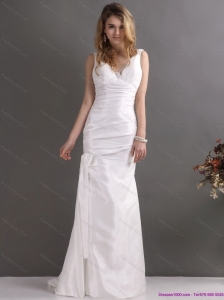 2015 New and Perfect White V Neck Ruching Bridal Dresses with Brush Train
