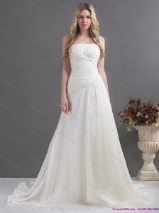 2015 New and Popular White Strapless Ruching Bridal Gowns with Brush Train