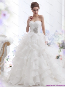 2015 New and Pretty Beading and Ruffled Layers Brush Train Wedding Dresses in White