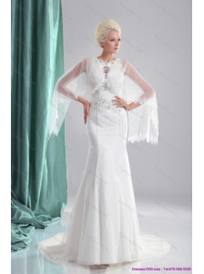 2015 New and Unique Beading White Wedding Dresses with Brush Train