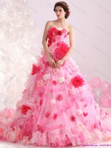 2015 New Multi Color Strapless Wedding Gown with Hand Made Flower and Chapel Train