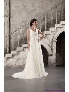 2015 New Ruching and Beading White Wedding Dresses with Brush Train