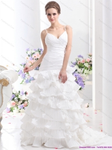 2015 New Ruching White Wedding Dresses with Ruffled Layers and Brush Train