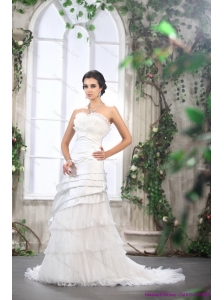 2015 New Ruffled Layers White Wedding Dresses with Brush Train
