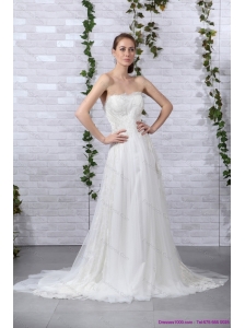 2015 New Ruffled White Strapless Wedding Gowns with Brush Train