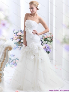 2015 New White BrushTrain Strapless Bridal Gowns with Ruching and Hand Made Flowers