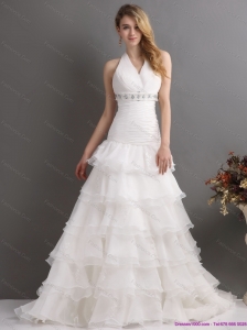 2015 New White Halter Top Beading Wedding Dresses with Ruffled Layers and Brush Train