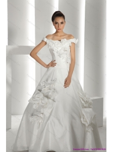 2015 New White Off Shoulder Bridal Dresses with Cathedral Train and Hand Made Flowers