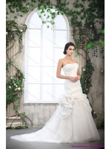 2015 New White Strapless Ruffled Wedding Dresses with Brush Train