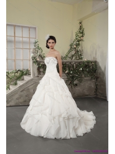 2015 New White Strapless Ruffled Wedding Dresses with Chapel Train and Beading