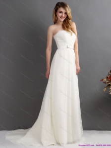 2015 New White Strapless Wedding Dresses with Brush Train and Sash