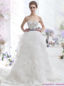 2015 New White Sweetheart Brush Train Wedding Dresses with Rhinestones and Sash