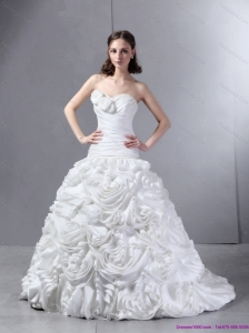 2015 New White Sweetheart Wedding Dresses with Hand Made flowers and Brush Train