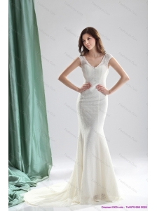 2015 Plus Size White Wedding Dresses with Lace and Brush Train