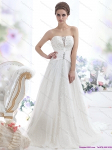 2015 Unique Lace White Wedding Dresses with Chapel Train