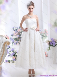 Brand New Strapless Ankle Length Lace Wedding Dress with Hand Made Flowers