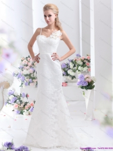 Discount White Column Lace Wedding Dresses with Brush Train and Hand Made Flower