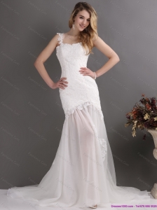 Laced White One Shoulder Wedding Gowns with Chapel Train