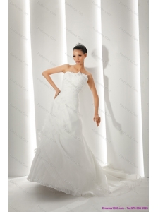 Plus Size Brush Train Ruching White Wedding Dresses with Appliques