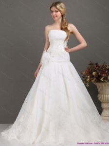 Plus Size Ruched Beaded White Wedding Dresses with Brush Train and Hand Made Flower