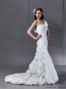 Plus Size Ruching One Shoulder White  Bridal Gowns with Hand Made Flower