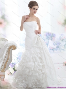 Plus Size White Strapless Bridal Gowns with Ruffled Layers and Brush Train
