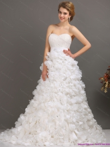 Plus Size White Sweep Train Ruffled Wedding Dresses with Beading