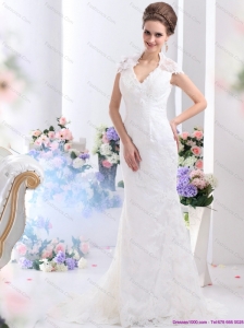 Popular White V Neck Lace 2015 Bridal Gown with Brush Train
