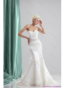 Pretty White Sweetheart Laced Wedding Dresses with Sequins and Brush Train