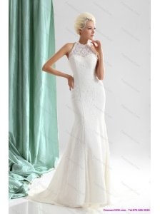 Unique White High Neck Lace Bridal Dresses with  Brush Train