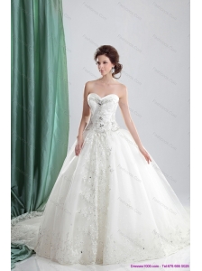 Unique White Sweetheart Lace Bridal Gowns with Appliques and Brush Train