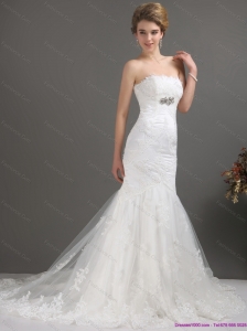 White Strapless Lace Wedding Dresses with Beading and Brush Train