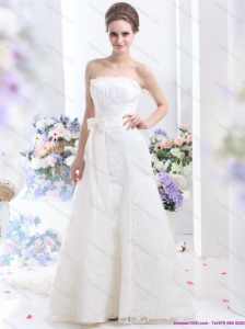 White Strapless Laced Wedding Dresses with Bownot and Brush Train