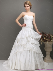 White Sweetheart Brush Train Lace Wedding Dresses with Ruffled Layers