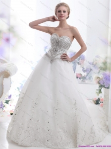 White Sweetheart Lace Wedding Dresses with Brush Train
