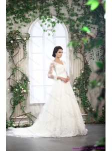 White V Neck Lace Wedding Dresses with Brush Train and Beading