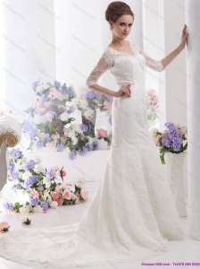 White V Neck Lace Wedding Dresses with  Brush Train and Half Sleeves