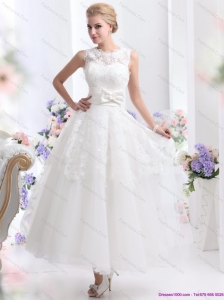 2015 Cute Scoop Ankle Length Wedding Dresses with Lace and Bowknot