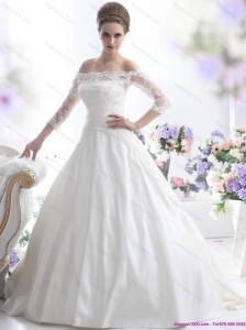 2015 Elegant Off the Shoulder Lace Wedding Dress with 3/4 Length Sleeve
