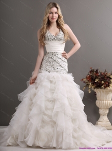 2015 Plus Size Halter Top Wedding Dress with Beading and Ruffles