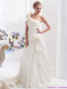 2015 Plus Size One Shoulder Wedding Dress with Hand Made Flowers