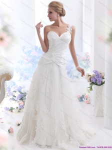 2015 Plus Size One Shoulder Wedding Dress with Ruching and Lace