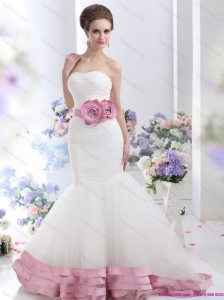 2015 Plus Size Strapless Mermaid Wedding Dress with Ruching and Hand Made Flowers