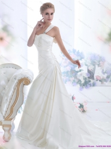 Perfect 2015 New One Shoulder Wedding Dresses with Ruching and Bowknot