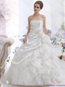 Plus Size White Strapless Ruffles Bridal Gowns with Chapel Train and Hand Made Flower
