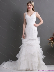 Plus Size V Neck 2015 Wedding Dress with Ruching and Ruffles